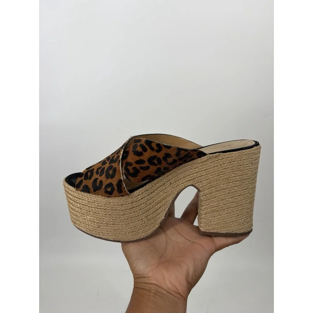 Schutz Lora Leopard Calf Hair Platform Espadrille Mule Heels Womens 7 Chunky